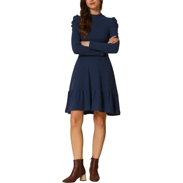 INSPIRE CHIC Vestido de Suéter para Mujer con Cuello Redondo, Manga Larga Abullonada, Bolsillos Laterales, Color Sólido, Talla M Azul Oscuro