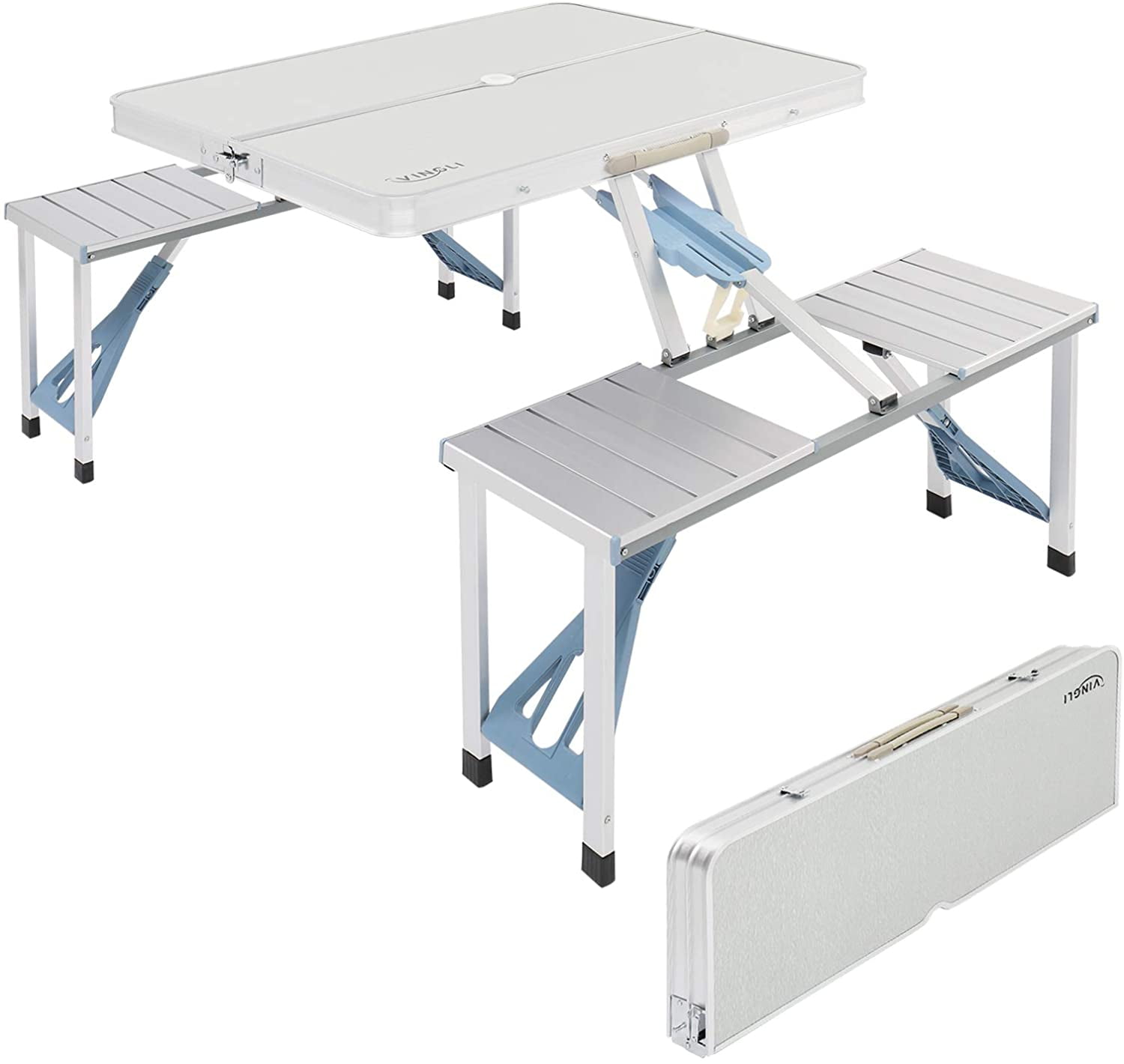 Silver Picnic Tables Foldable with Chairs for 4 Persons BBQ Party Exhibition Indoor or Outdoor naspaluro Camping Folding Table and Chairs Set with Aluminum Frame & an Umbrella Role Silver Picnic Tables Foldable with Chairs for 4 Persons BBQ Party Exhibition Indoor or Outdoor naspaluro Camping Folding Table and Chairs Set with Aluminum Frame & an Umbrella Role