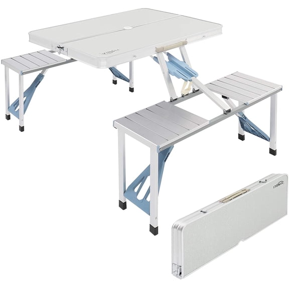 Folding Camping Picnic Table with 4 Seats with Patio Umbrella Hole, Portable Table Aluminum Alloy Frame with Soft Handle for Barbecue, Travel, Outing, Gathering