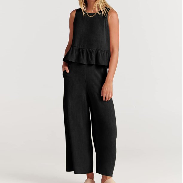 Puntoco 2 piezas moda mujer cuello redondo sólido sin mangas blusa + bolsillos sueltos pantalones conjuntos liquidación Puntoco Puntoco-2049