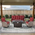 thumbnail image 2 of Opohoro 5 Pieces Outdoor Conversation Set with 43" Metal Fire Pit Table, Gray Rattan Sofa Set with Swivel Rocker Chairs and End Table, Red for Patio Backyard, 2 of 16
