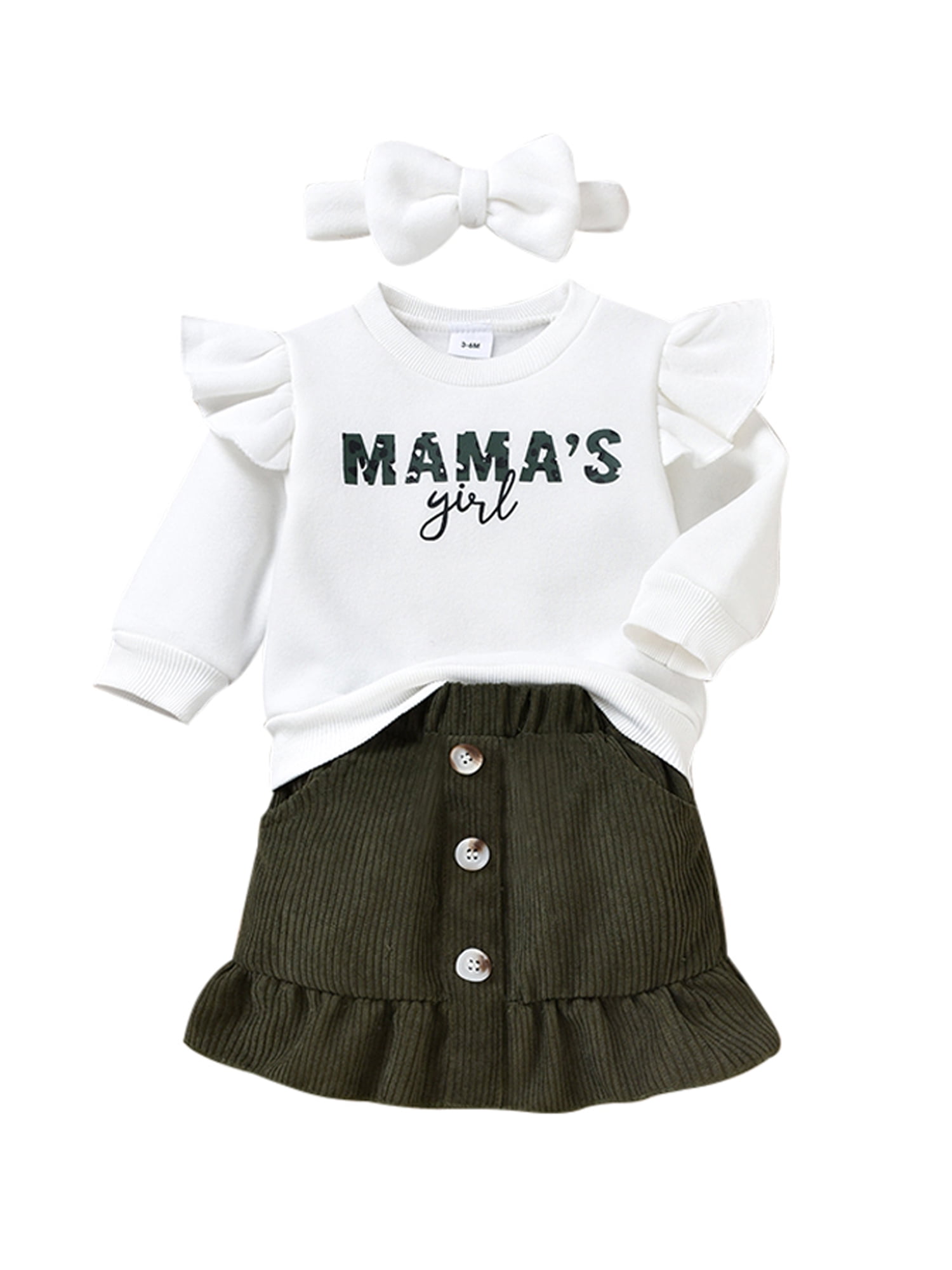IZhansean Infant Baby Girl MAMA'S GIRL Clothes Long Sleeve Sweatshirt  Tops+Button Corduroy Skirt 3pcs Set White 12-18 Months