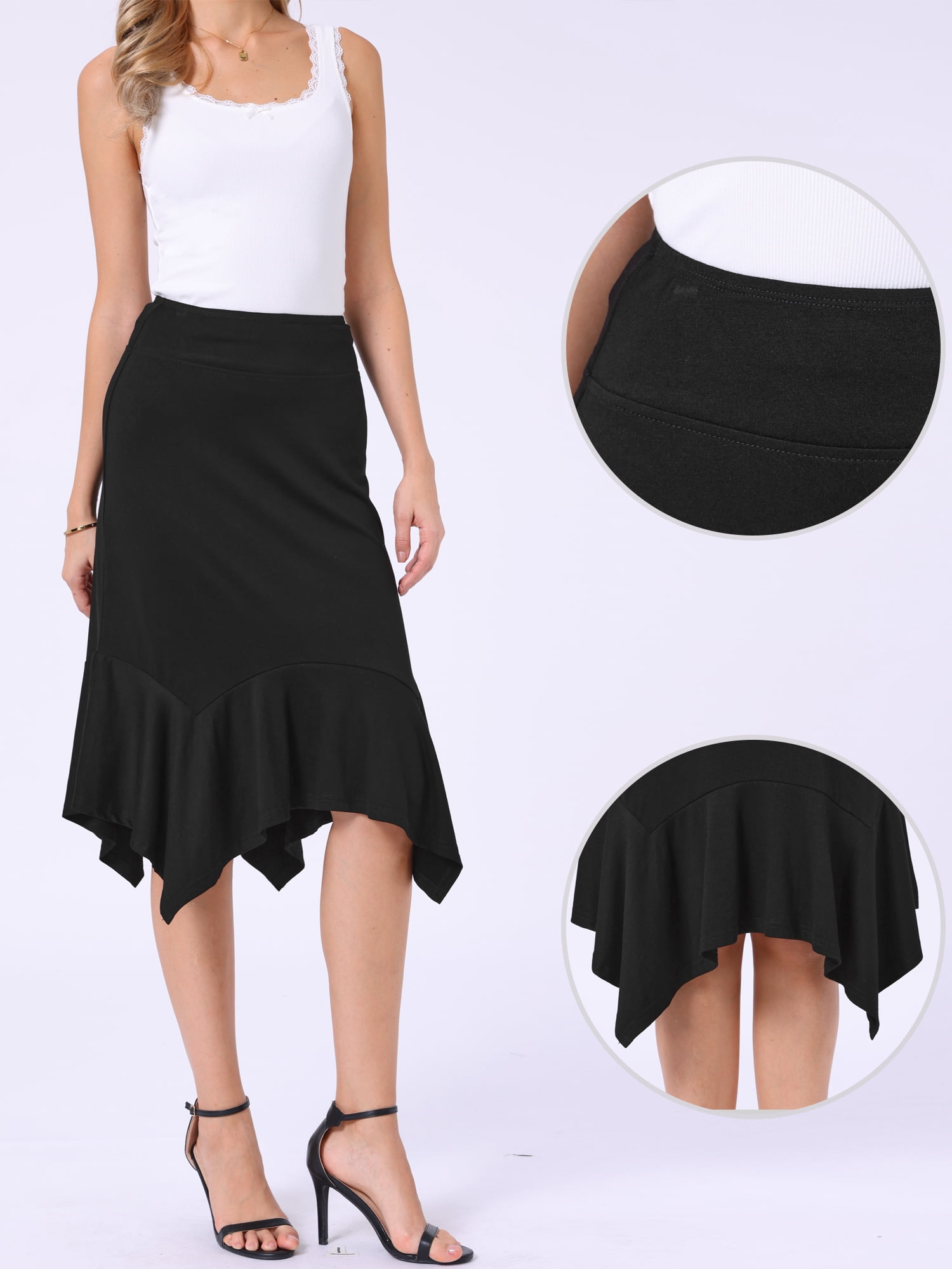 DARING DIVA Women's Ruffled Midi Flowy A-Line Handkerchief Hem Skirt X-Small Black