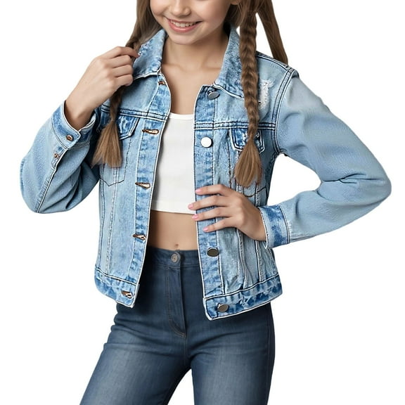 CAIVO Stylish Distressed Denim Long Sleeve Jackets Coats Girls With Notched Collar Outerwear Teen Girls And Preteen Casual Coat Leisure Child Solid Color Clothing