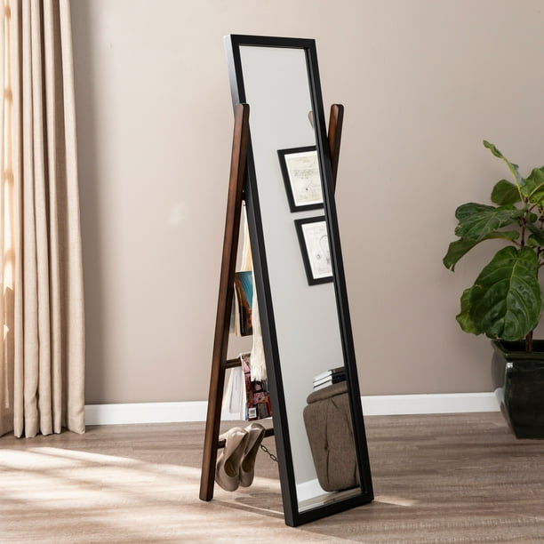 Hattle Leaning Ladder Mirror, Midcentury Modern, Dark Tobacco, Black