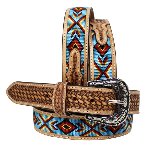 29-30 Unisex 1.5" Western Floral Tooled Beaded Full-Grain Leather Belt 26RT31B
