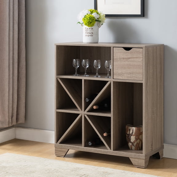 Thurwald Multi-Storage Wood Wine Cabinet, Light Oak