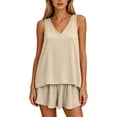thumbnail image 6 of Women's V-Neck Sleeveless 2 Piece Casual Pajama Sets, Loose Flowy Tank Top & Ruffle Hem Elastic Shorts, Thin Lightweight All Season Wearable Daily Indoor | TruHer,Beige L, 6 of 7