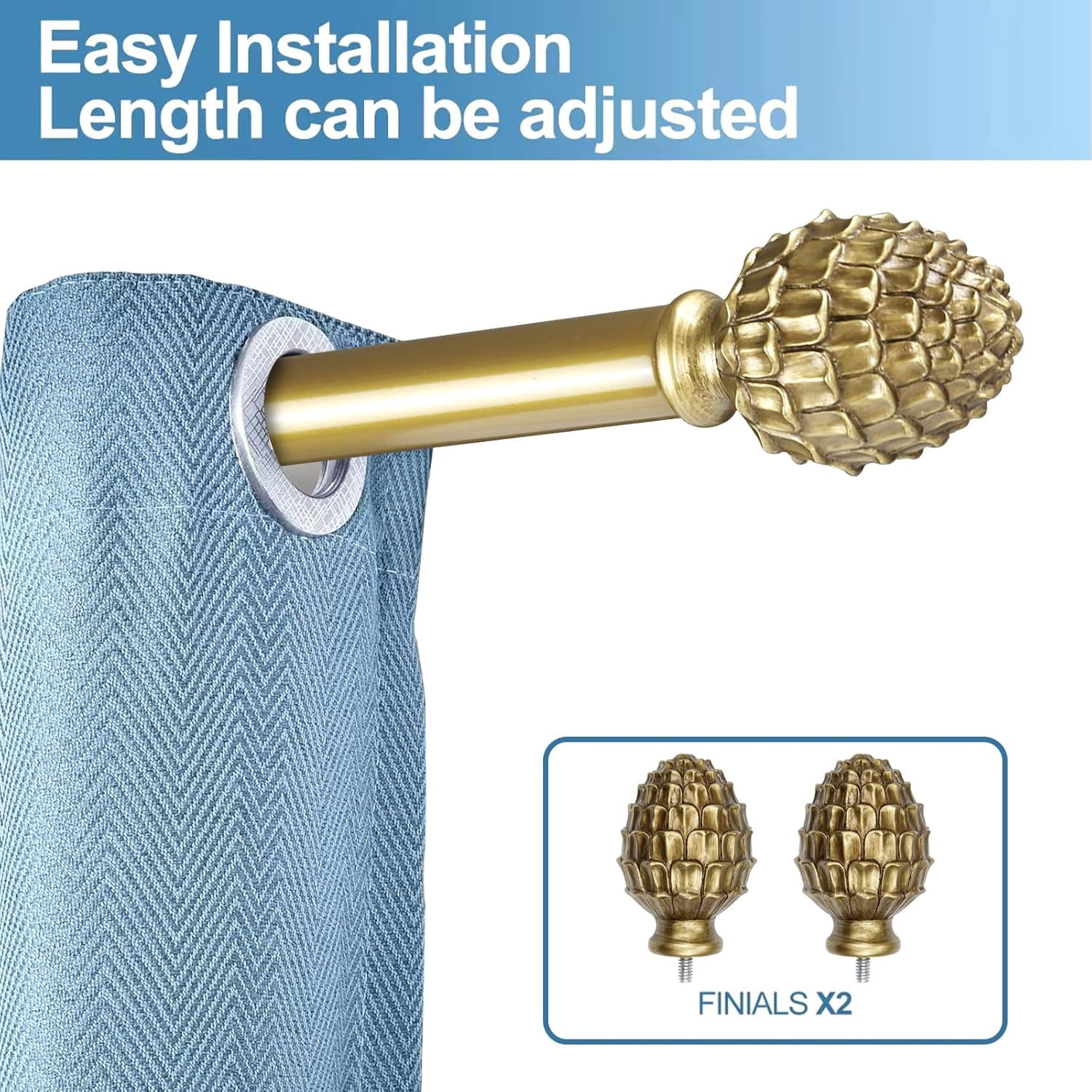 Urbanest Adjustable Single Curtain Rod Set with Pinapple Finials – 3/4-Inch Diameter, With Renaissance Gold Rod, 48–84 Inches