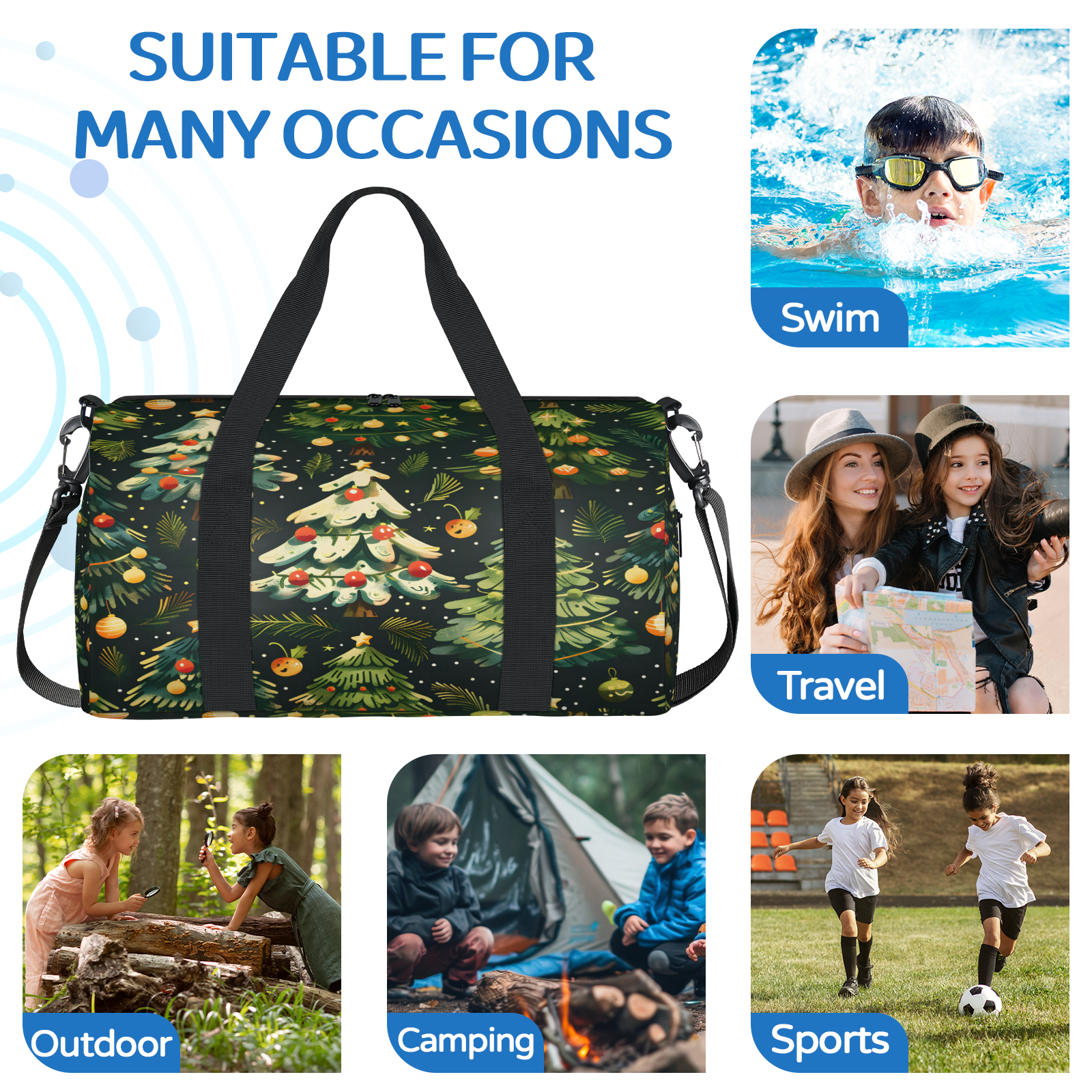 Herdesigns Merry Christmas Travel Duffle Bag Sports Yoga Weekender Overnight Carry on Workout Bags Lightweight Waterproof Gym Tote Bag for Women Christmas Tree