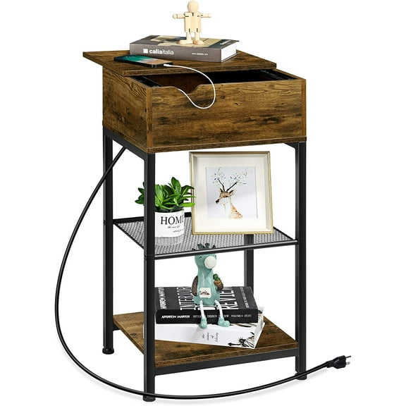 Oumilen Western Home 3 Layers Wide End Table and Drawer in Rustic Burnt Wood with Build-In Fast Charging Station with USB Ports