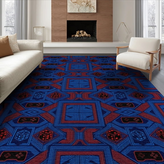 ODIKA 8'x10' Washable Area Rug Arcade Console Icons Throw Alfombra Video Led Desk Gamer Dice Refined Structured for Dining Room, Large Office, Lounge, Non-Slip Chair-Friendly Mat