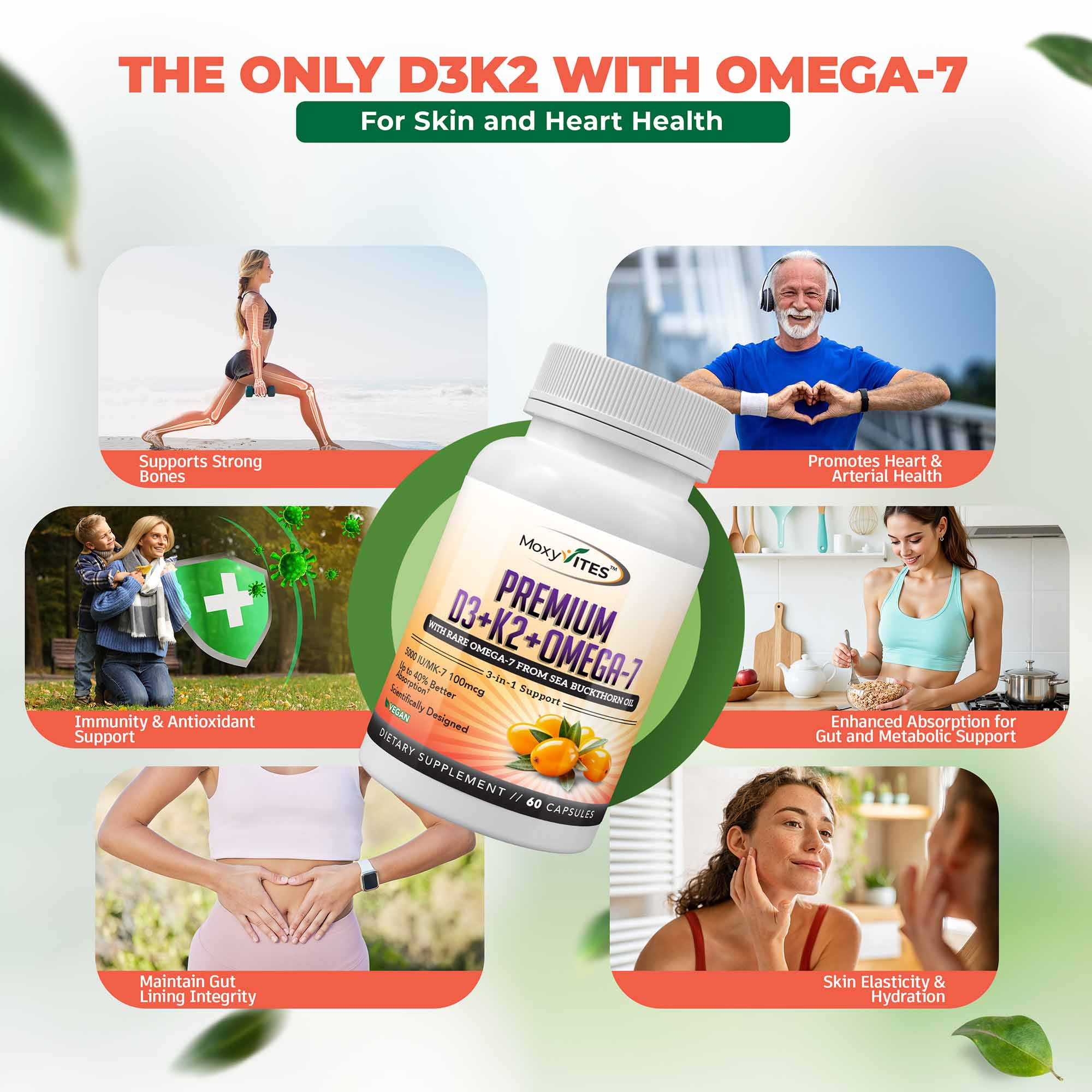 MoxyVites Vitamin D3 5000 IU K2 MK7 Omega-7, Bone and Immune Support, Vegan, Gluten-Free, 60 Count