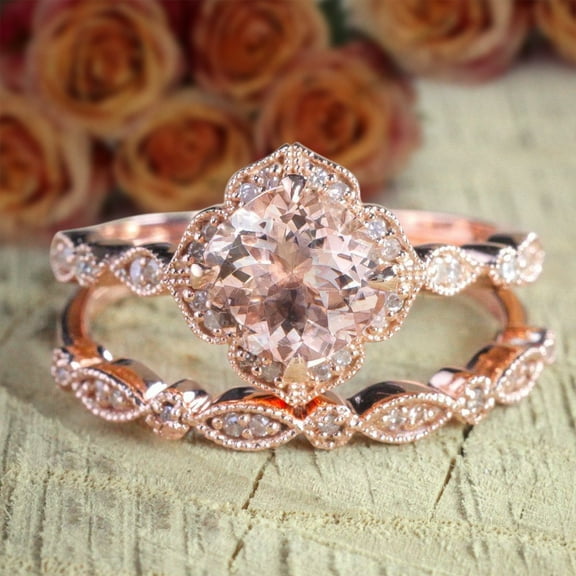 Limited Time Sale 2.25 Carat 6mm Round Cut Morganite and Diamond Moissanite Halo Bridal Wedding Ring Set with 18k Gold Plating