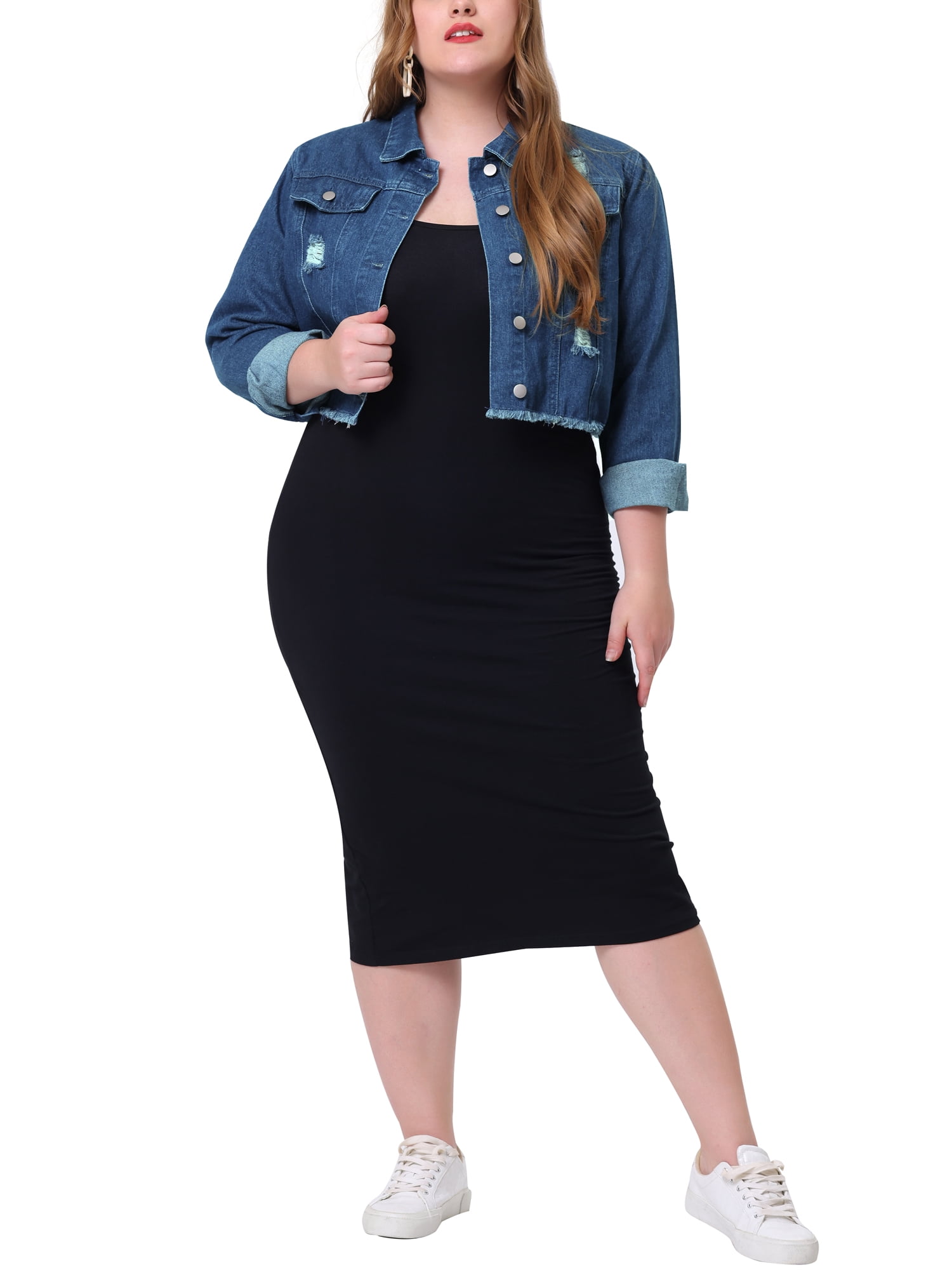Unique Bargains Women's Plus Washed Cropped Frayed Denim Outerwear Jacket 1X Dark Blue