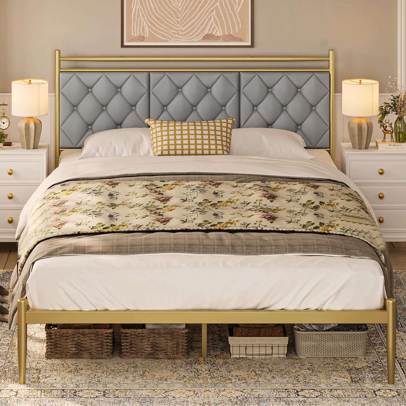 Queen Size Bed Frame,Leather Diamond Button Headboard, Upholstered