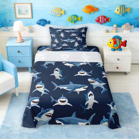 Manfei Cartoon Shark Twin Sheet Sets for Kids Boys and Girls, Funny Fish Bedding 3 Pieces, 1 Flat Sheet, 1 Fitted Sheet and 1 Pillowcase