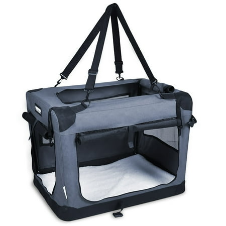 JESPET & GOOPAWS: 36" Soft Pet Crate - Grey - Dogs & Cats Up to 70 lbs, 3 Door Folding Kennel, Indoor Outdoor Travel Carrier, Mesh Windows, Fleece Mat