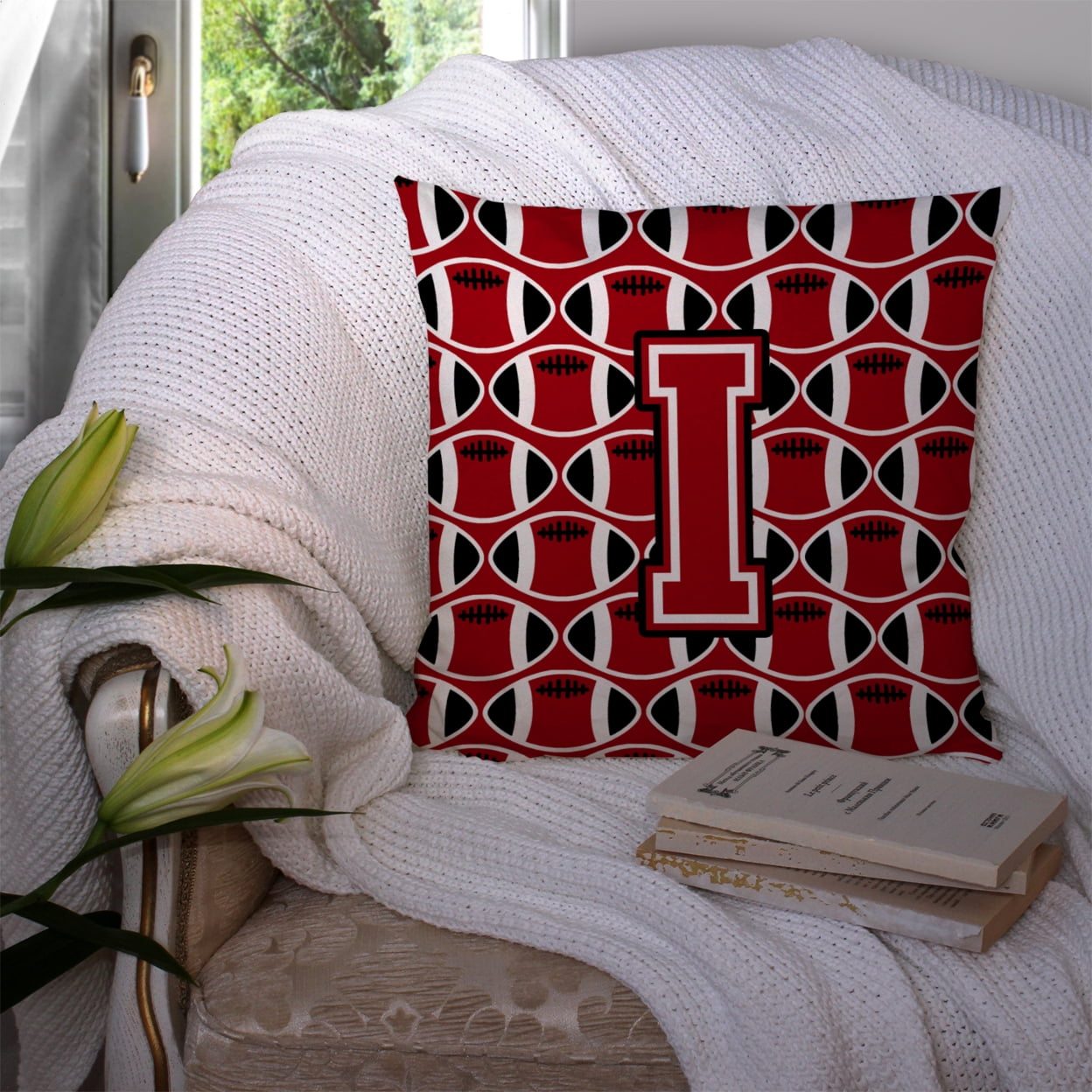 Letter I Football Red, Black and White Fabric Decorative Pillow