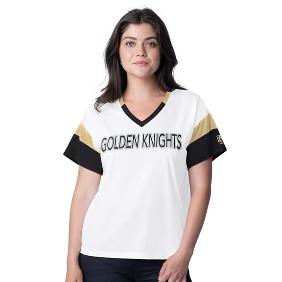 Women's G-III 4Her by Carl Banks White Vegas Golden Knights Rink Oversized Rhinestone V-Neck T-Shirt