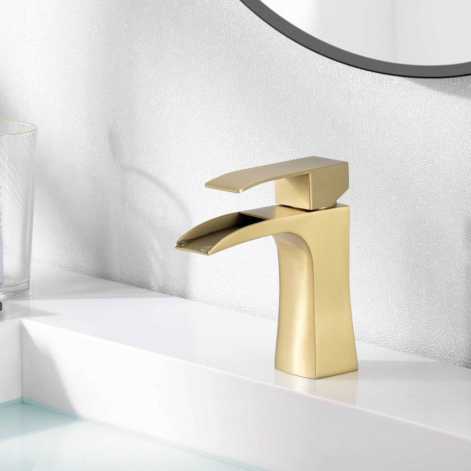 SUMERAIN Waterfall Bathroom Sink Faucet Brushed Gold Single Handle Single Hole Bathroom Vanity Faucet Stainless Steel