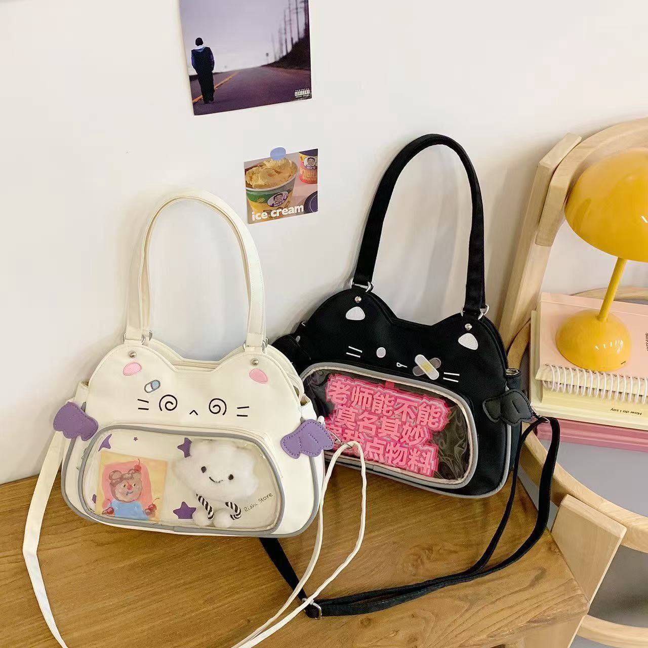 Baguery Kawaii Ita Bag Backpack - Nylon, Cute Cat Insert, Clear Front Pocket, Shoulder/Crossbody, for Otaku Goods/Anime Comic Con