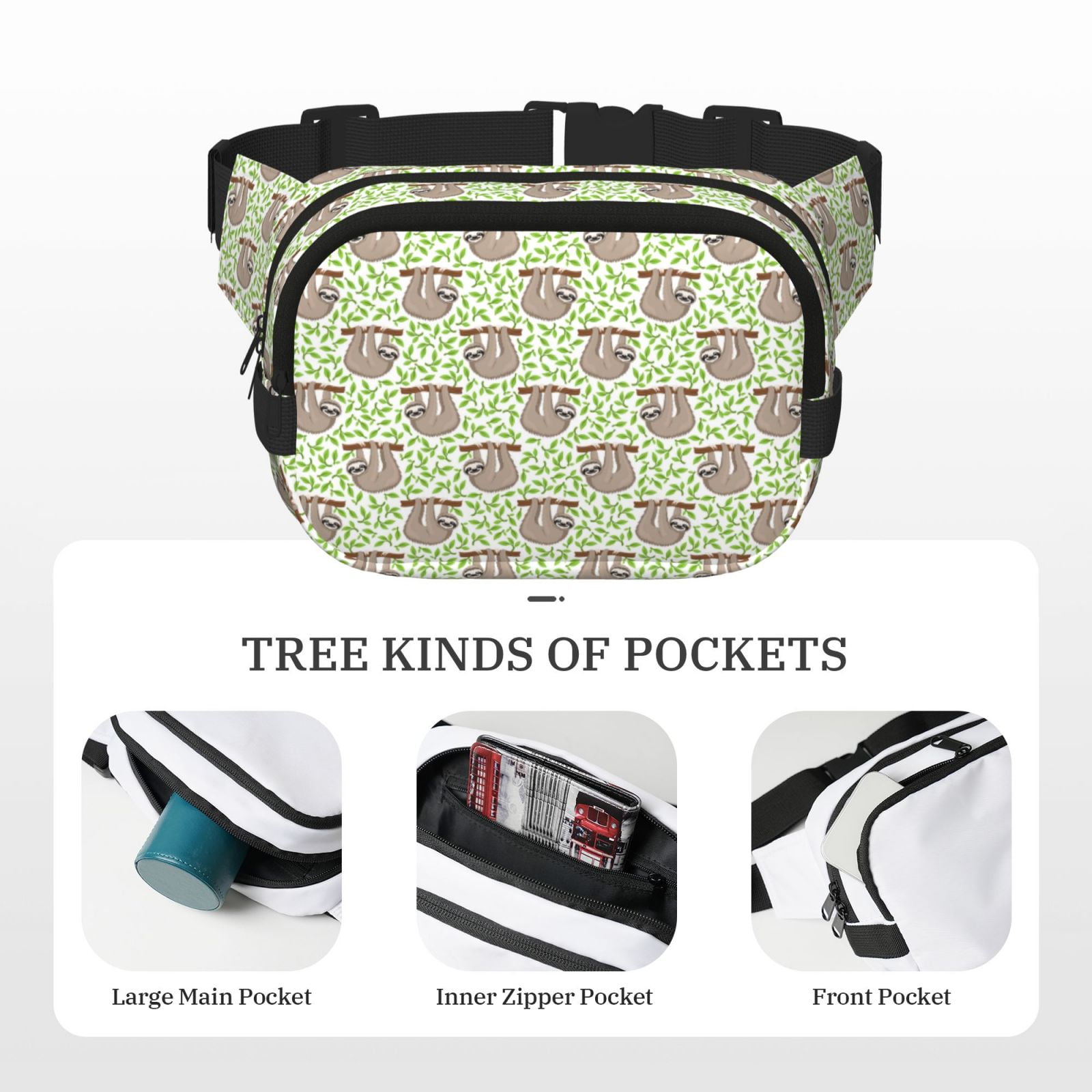 Picia Cute Animal Sloth On A Branch Print Square Double-Layer Waist Bag Mini Adjustable Waist Belt Bag Exercise Running Travel Hiking