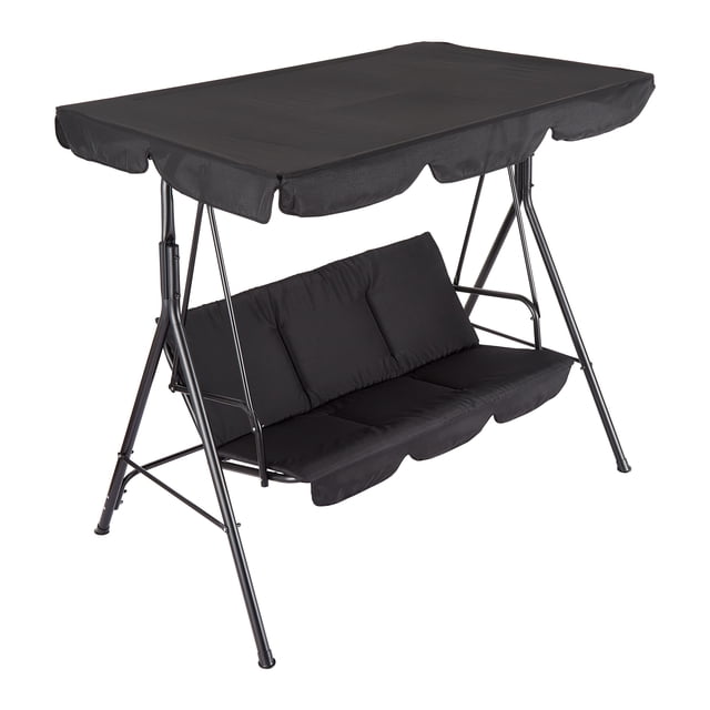 GloryStar Balançoire de Patio à 3 Places avec Dossier, Auvent Réglable et Cadre en Acier Capacité de 500 Lb, Balançoire de Porche Extérieure Résistante aux Intempéries pour Jardin, Cour Arrière Ou Bord de Piscine, Noir