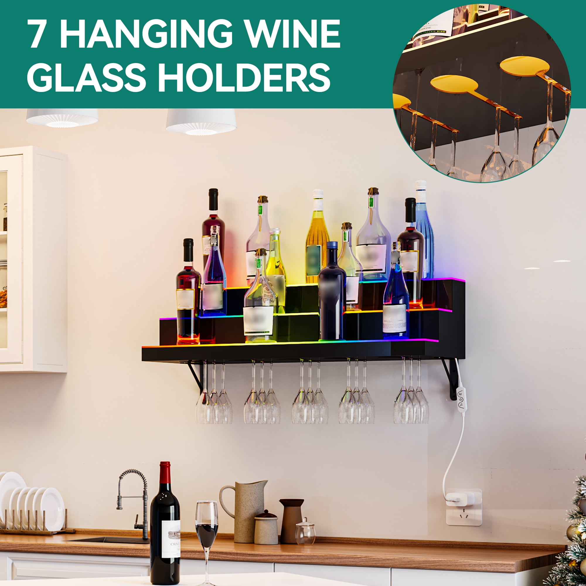 Uforic 30-Inch Black & Matte White Acrylic Wine Rack | 3-Tier Wall-Mounted LED Liquor Bottle Display Shelf | Smart App & Remote Control | 7 Glass Holders | USB & Power Bank Compatible