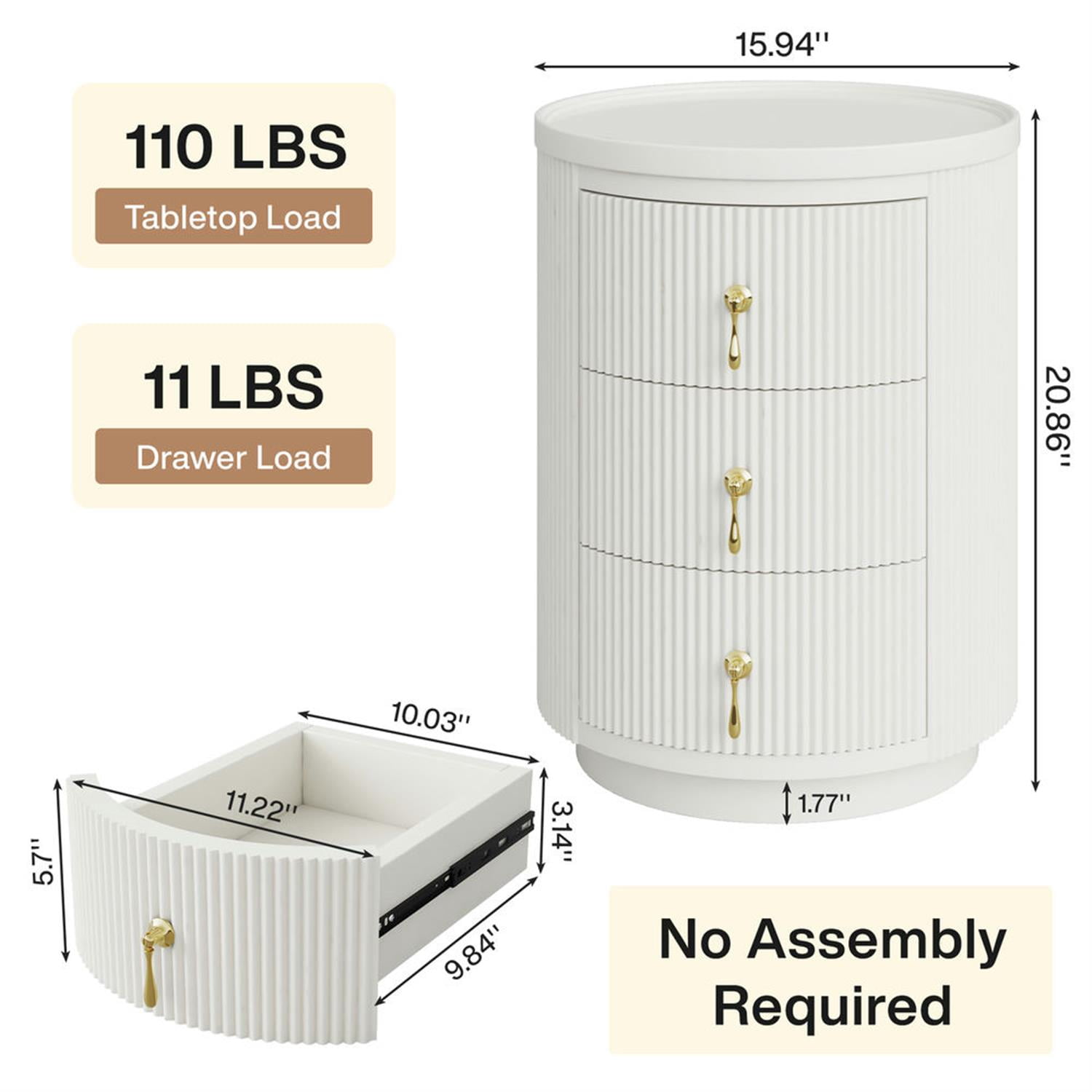 Demi Bonn 20" Wood Nightstand with 3-Drawers, Bedside End Table for Bedroom, Modern Round Side Table with Storage, White