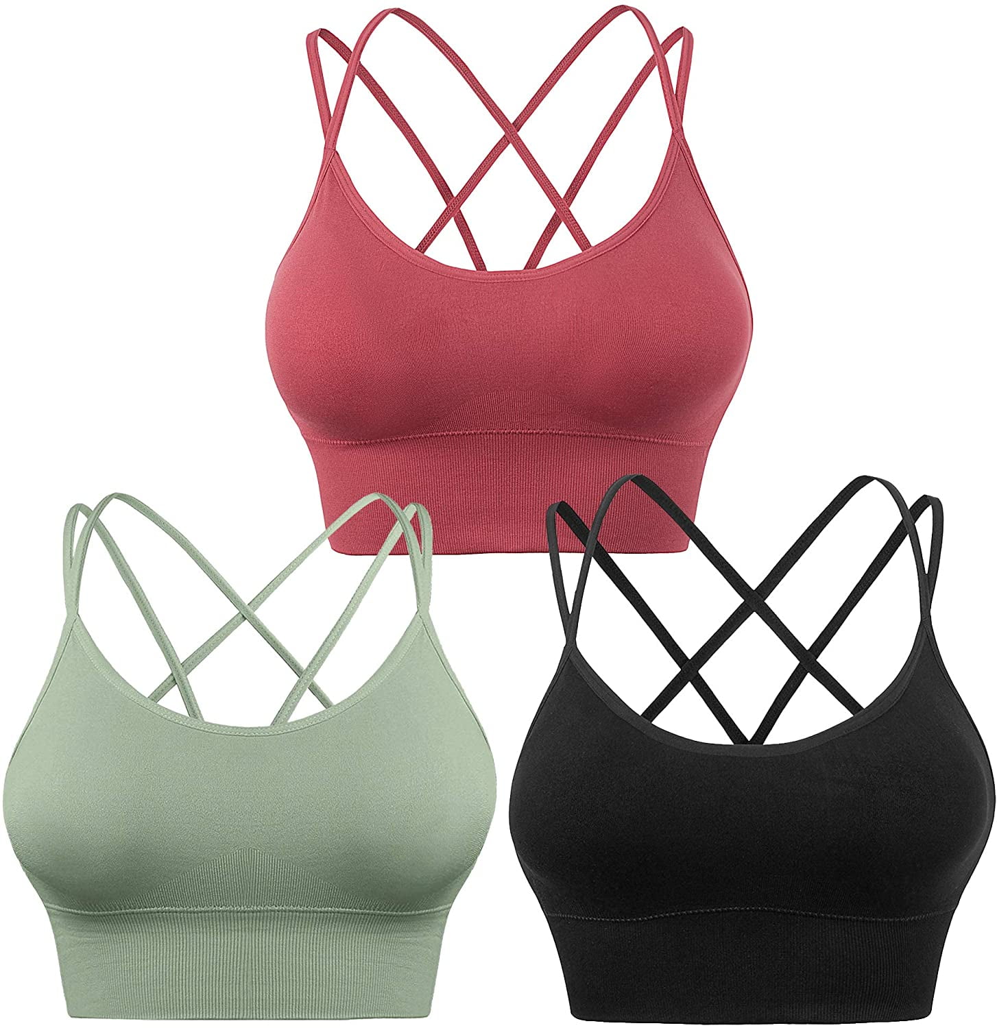 3 PACK Cross Back Sport Bras Padded Strappy Criss Cross Cropped Bras for Yoga Workout Fitness