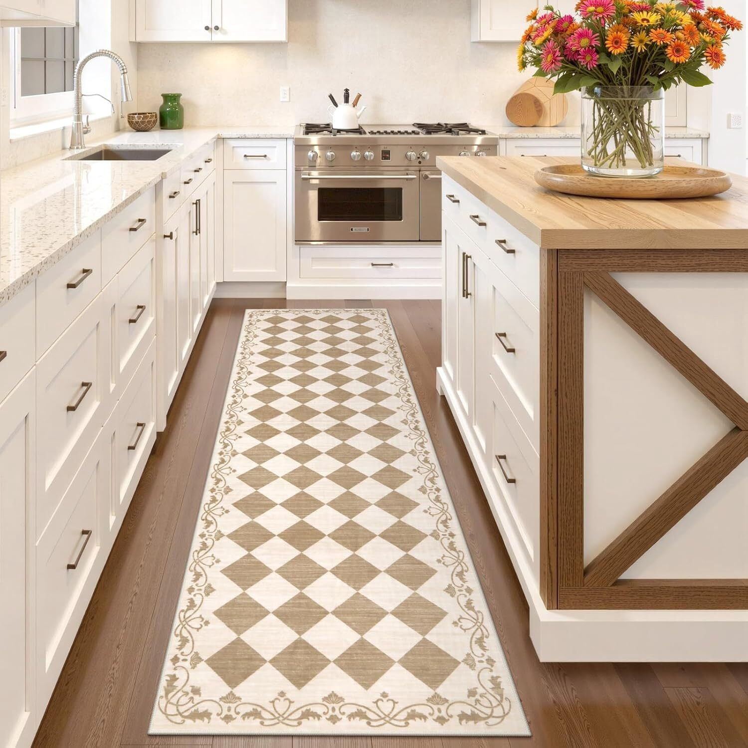 RUG ROBOT 2.5' x 8' Runner Rug for Hallway, Non Slip Washable Checkered Rug for Kitchen, Beige Neutral Bathroom Home Decor Plaid Diamond Low Pile Print Carpet for Entryway Bedroom Laundry