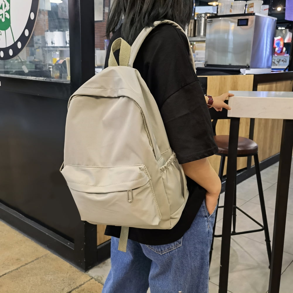 Preppy Style Plain Canvas Backpacks for Women in Khaki Gray Green