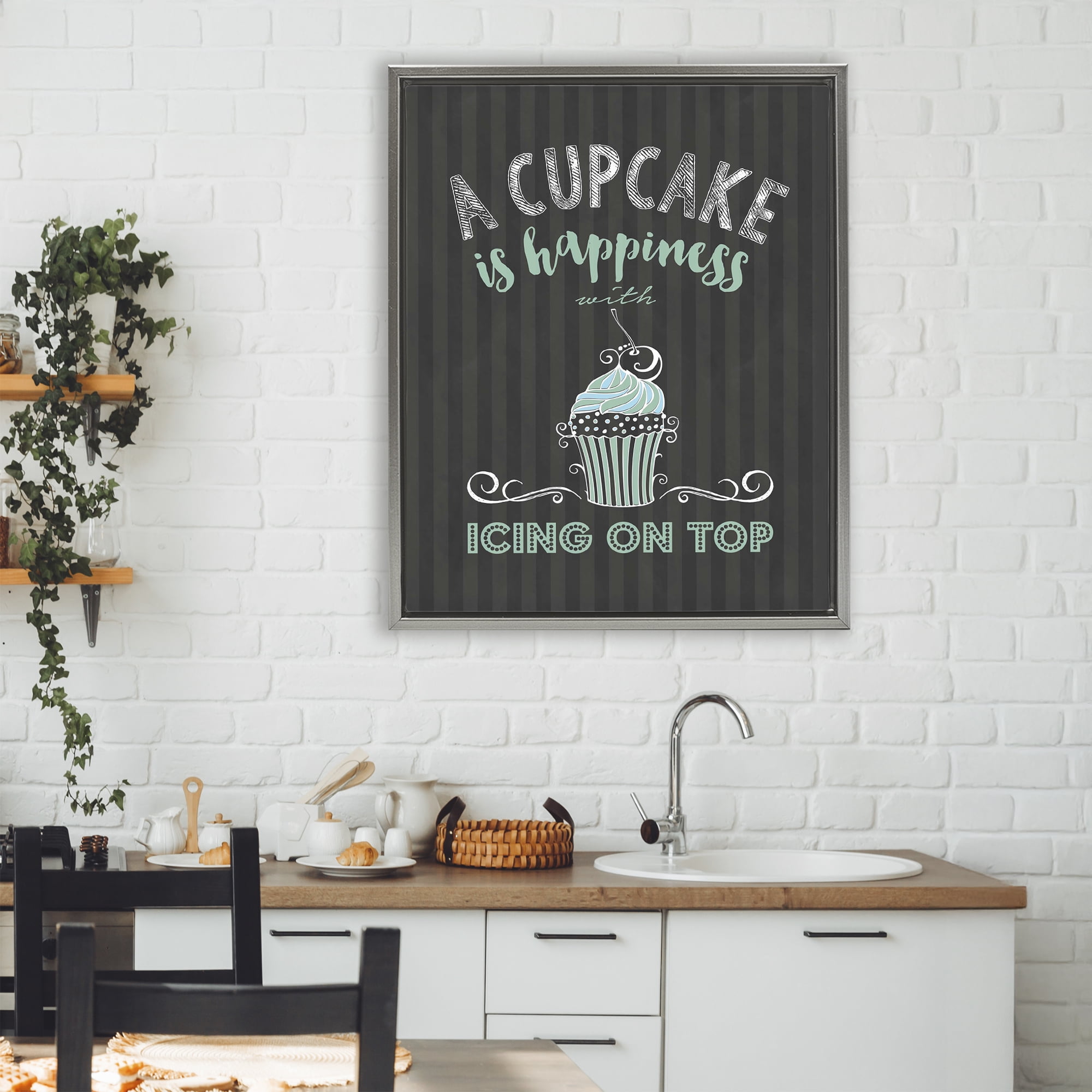 Cupcake Is Happiness with Icing Gray Framed Floater Canvas Wall Art, design by Lettered and Lined