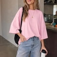 thumbnail image 2 of Yaruuzi 3/4 Length Sleeve Womens Tops Raglan Sleeve Tops Pleated Shirts Fall Tops Light Weight Tops Crewneck T Shirts Plus Size Women Blouses Round Neck Tunic Solid Color Shirts Pink L, 2 of 8