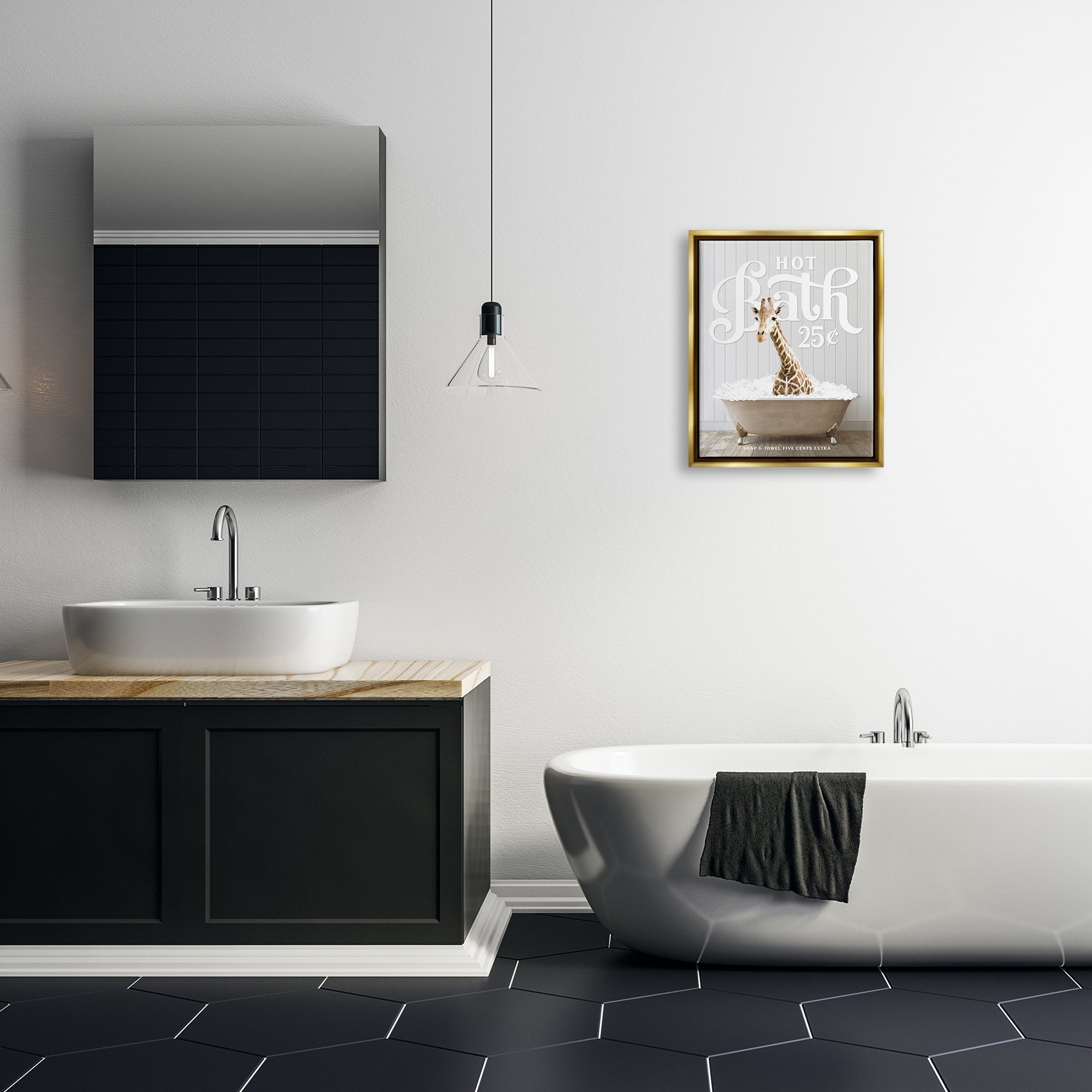 Stupell Industries Vintage Bathroom Giraffe Animals & Insects Painting Gold Floater Framed Art Print Wall Art, 17 x 21