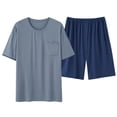 thumbnail image 2 of Viikei Plus Size Long Sleeve Tops,Men's Casual Solid Color Round Neck Button Down Short Sleeved Shirt Pocket Loose Waist Shorts Set Navy XXL, 2 of 9