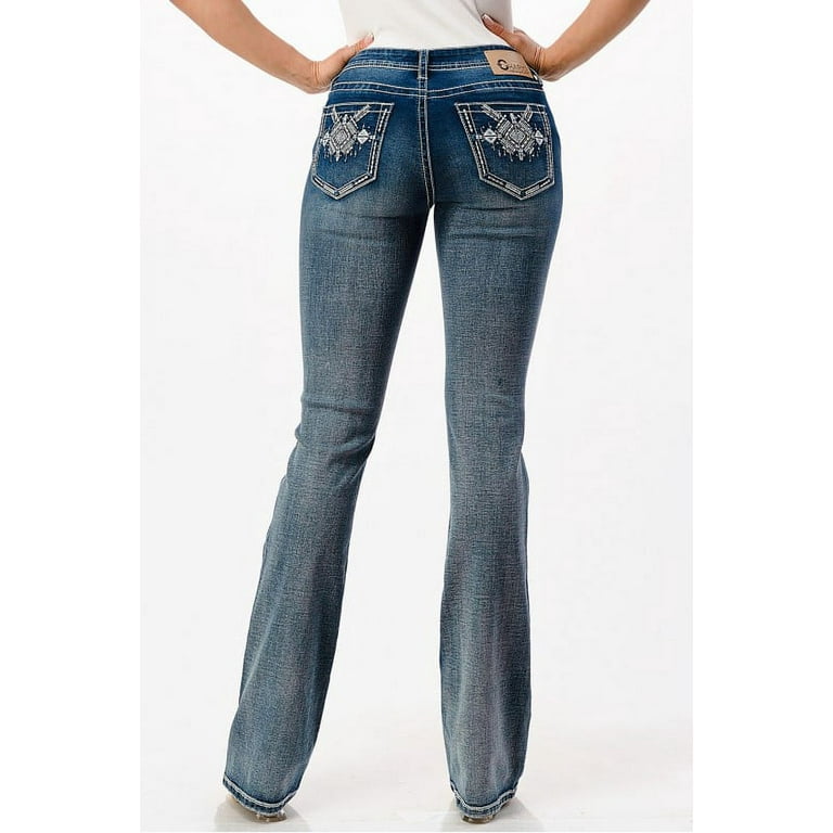 Charme by Grace in LA Women's Aztec Motif Embroidered Bootcut Stretch Jeans  (29, Blue)