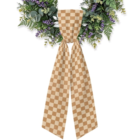 Square Checks Wreath Sash for Front Door 4.5"x56", Vintage Minimalist Tan Beige Blocks Gingham Double-Sided Bow Ribbon Decor for Wreaths, Stair Railings, Fireplace Mantel