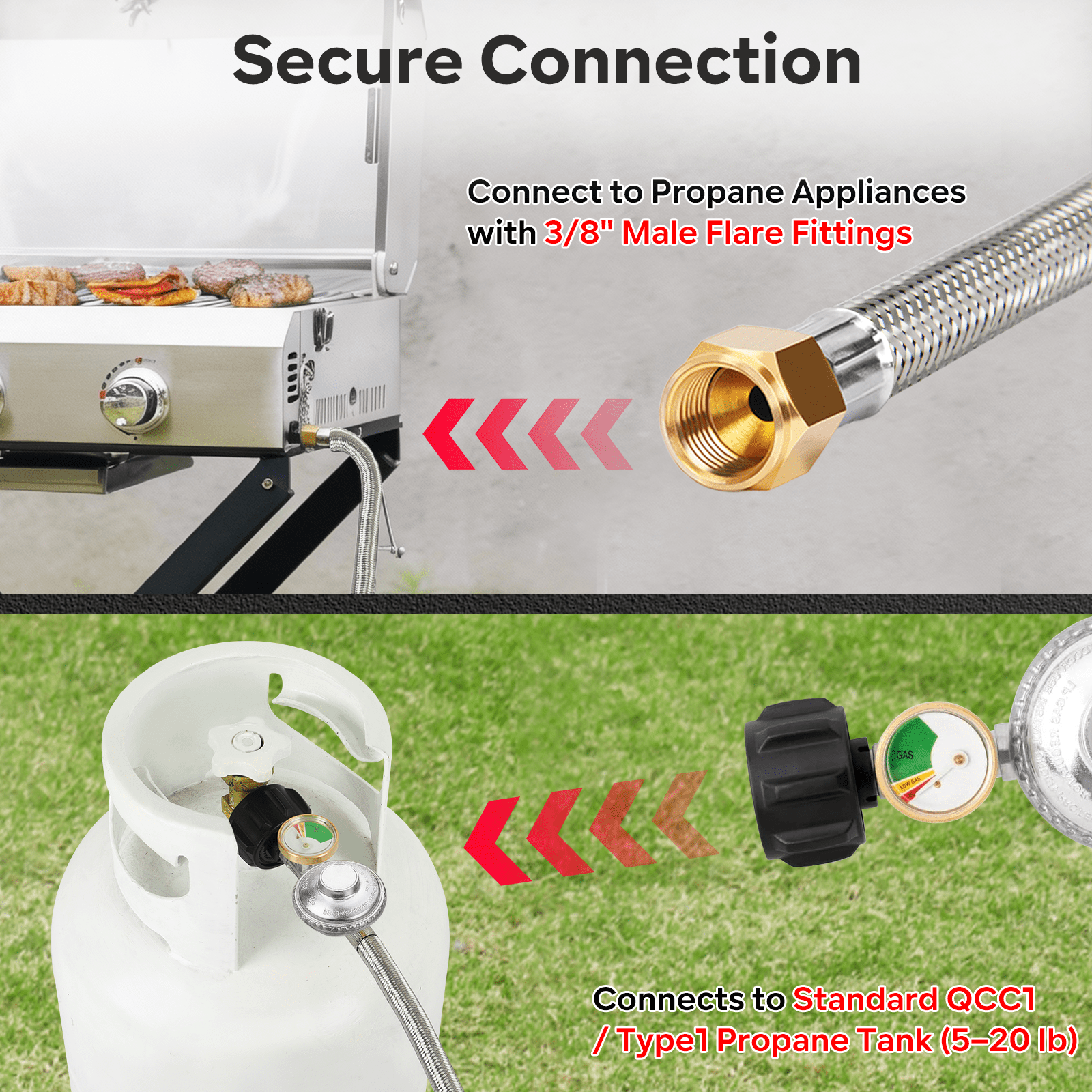 GASPRO Propane Gas Regulator Hose 12 ft with Gauge, Stainless Steel Braided LP Gas Hose, Replacement for Gas Grill, Fire Pit, Patio Heater, BBQ, Propane Tank