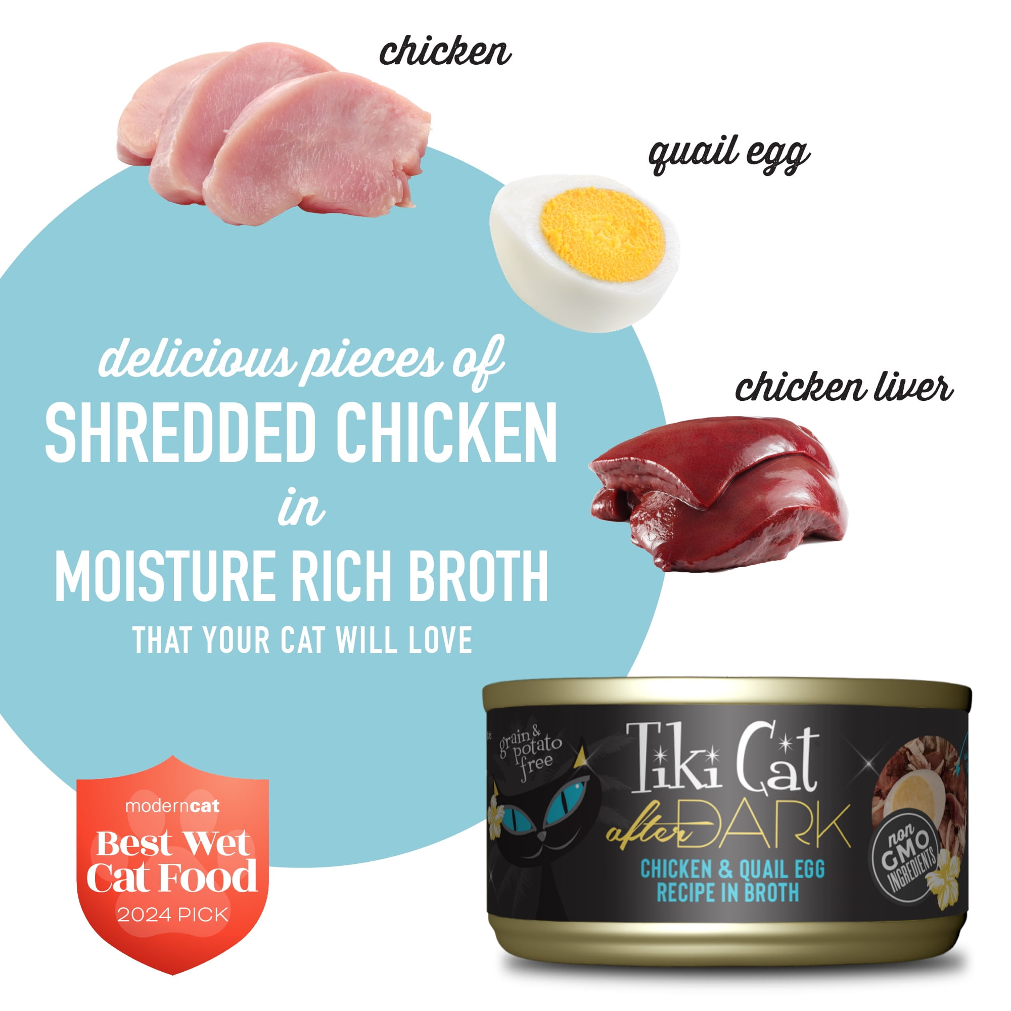 (2 pack) Tiki Cat After Dark Whole Foods Wet Cat Food, Chicken & Quail Egg, Multi Pack, 2.8 oz. Can (24 Count)