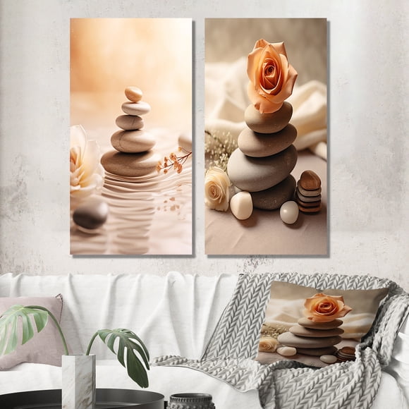 Designart "Spa Serenity Delicate Balance with Zen Stones" Spiritual Stone Wall Art Set Of 2 - Traditional White Gallery Set For Office Decor