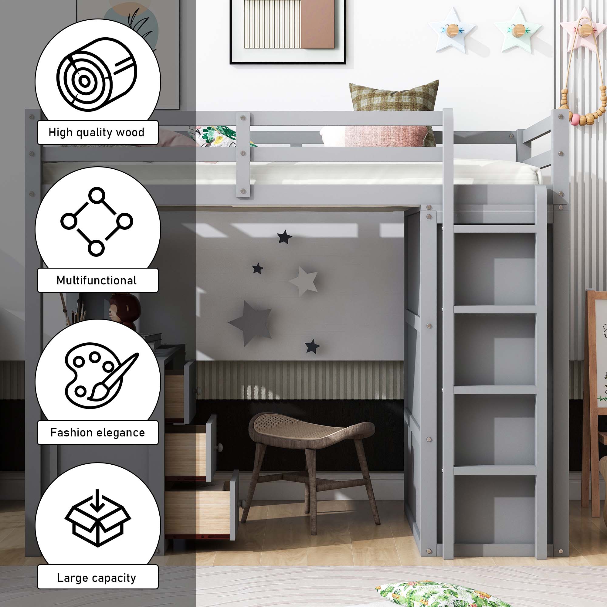 Aukfa Kids Modern Wood Twin Size Loft Bed with Drawers Gray