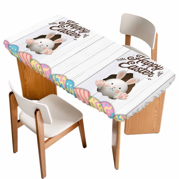 Grey Easter Table Cloths for 4 Foot Rectangle Tables, Spring Cartoon Bunny Colorful Eggs Wood Grain Patio Waterproof Elastic Fitted Tablecloths, Washable Rectangular Table Cover for Camping