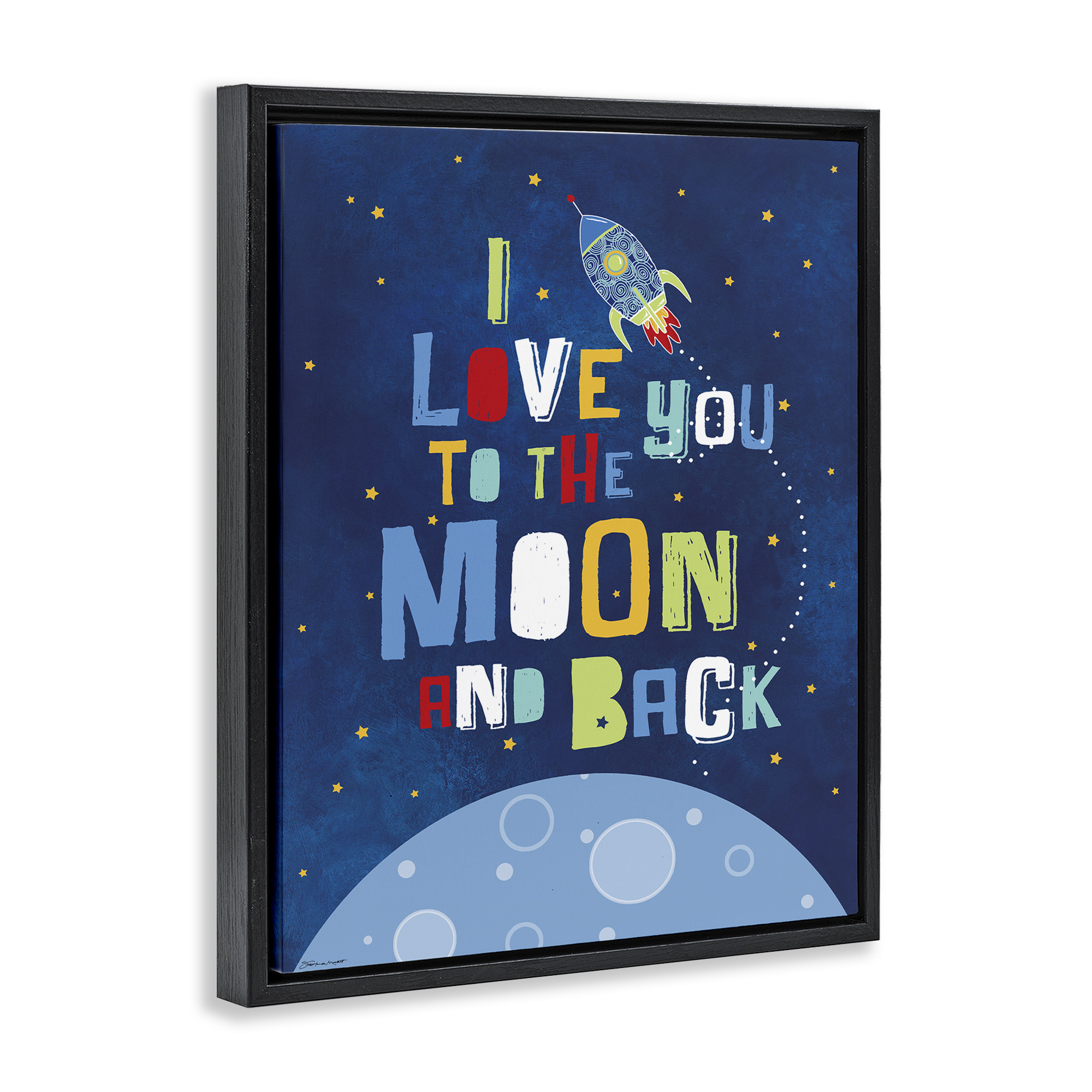 Stupell Industries Moon & Back with Rocket Ship Art for Kids Painting Black Floater Framed Canvas Art Print Wall Art, 25 x 31