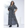 thumbnail image 2 of Globus Gloplus Women Navy V-Neck Floral Print Waist Tie-Up Plus Size Maxi Party Wrap Dress, 2 of 6