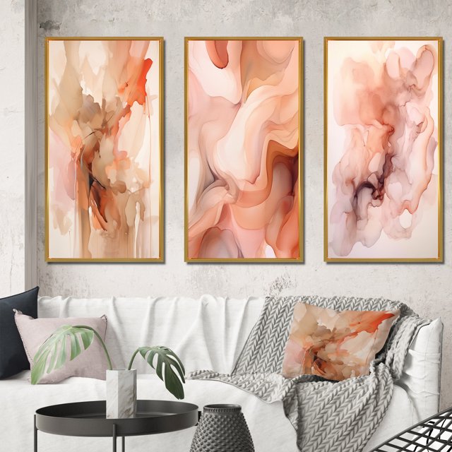 Designart "Apricot Clouds Infusion Abstract IV" Abstract Shapes Framed Wall Art Set Of 3 - Pink Transitional Frame Gallery Wall Set For Home Decor