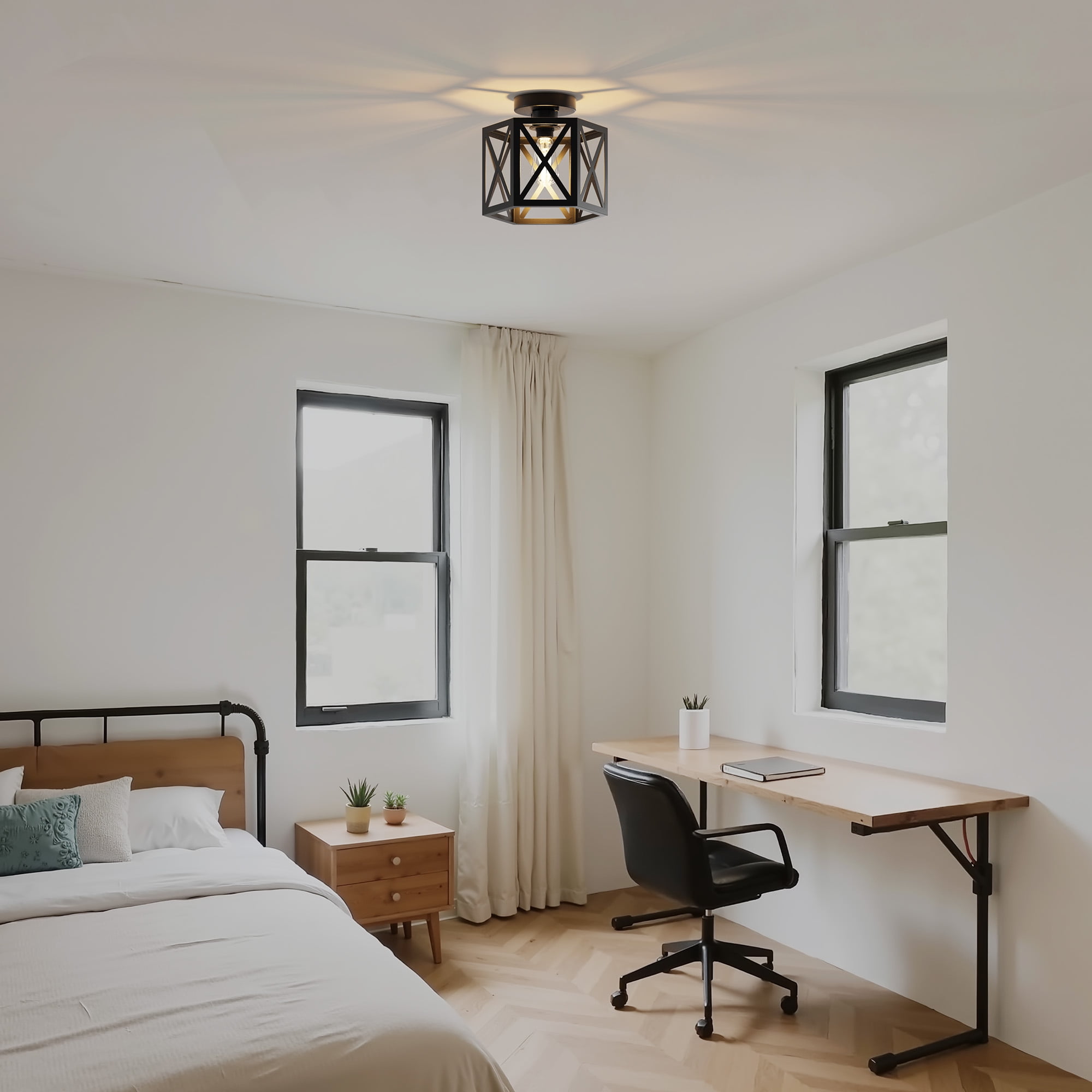 YANSUN Farmhouse Semi Flush Mount Ceiling Light, Industrial Black Hallway Light Fixture, Small Metal Cage Close to Ceiling Lights for Kitchen Living Room Porch Bedroom