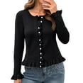 thumbnail image 2 of Women's Casual Fashion Solid Color Short Sweater Ruffled Top for Fall Winter Feminine Touch,Black,L, 2 of 7