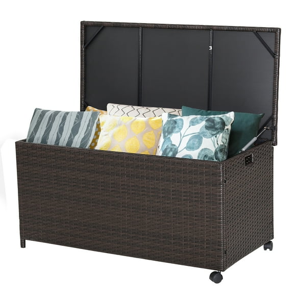 Costway 50 Gallon Patio Rattan Wicker Storage Deck Box Container Wheels W/Liner